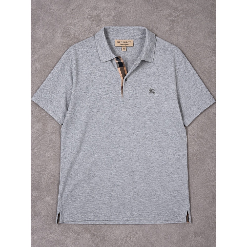 Burberry Polo Shirt Mens XXL Gray Nova Check Placket Knight Logo Short Sleeve